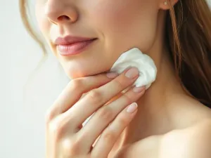 Kobieta nakłada serum z bakuchiolem na twarz w słonecznej łazience, podkreślając naturalną i roślinną pielęgnację skóry.