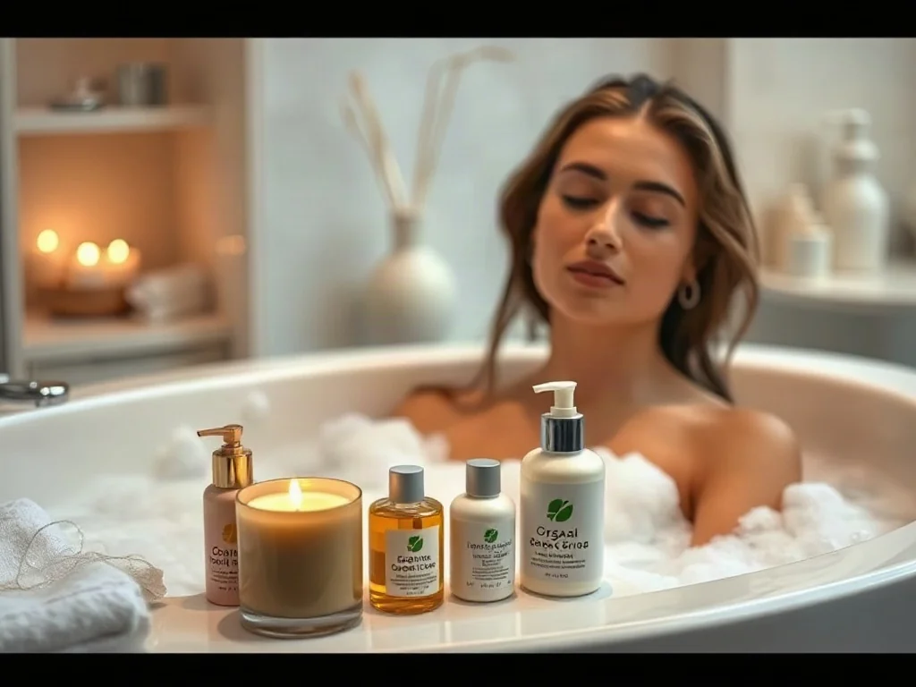 Kobieta relaksująca się w wannie z pianą w otoczeniu kosmetyków i świec, tworząca atmosferę domowego spa.