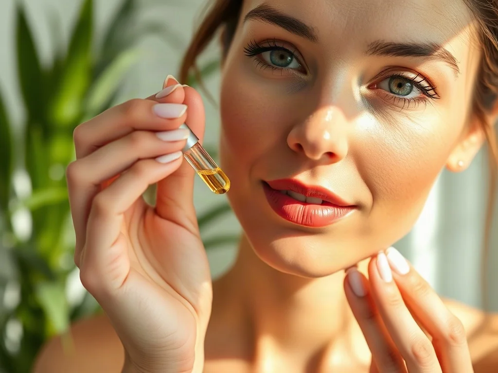 Kobieta nakłada serum z bakuchiolem na twarz w słonecznej łazience, podkreślając naturalną i roślinną pielęgnację skóry.