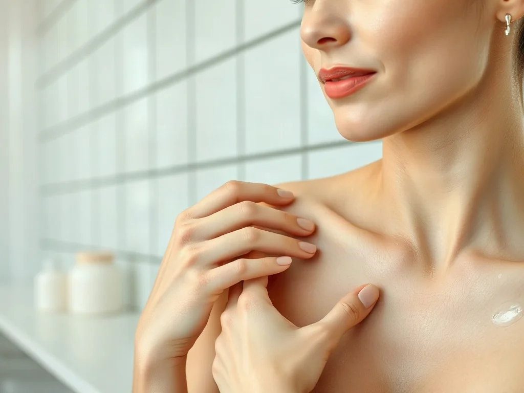 Kobieta nakłada naturalny preparat pielęgnacyjny na skórę pod pachą w jasnej, minimalistycznej łazience.