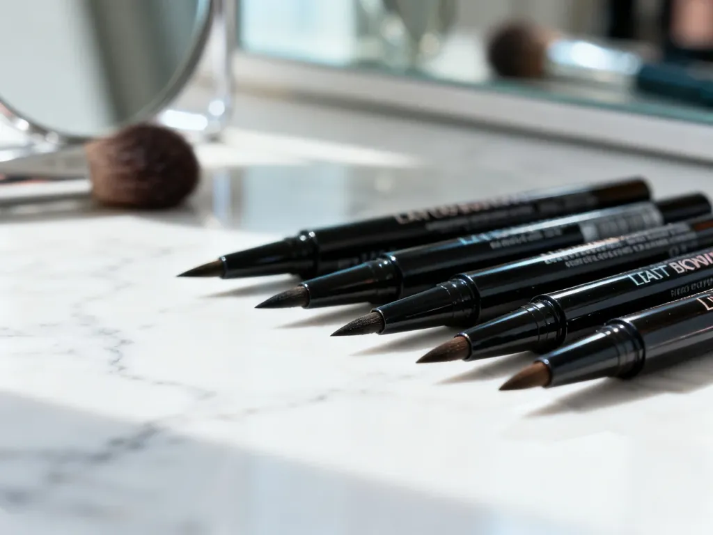 Profesjonalne eyelinery w pisaku ułożone na marmurowym blacie w otoczeniu akcesoriów do makijażu.