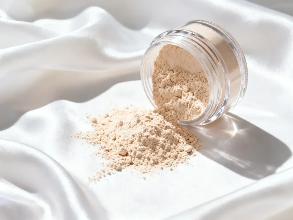 Sypki puder transparentny wysypany na biały jedwab, podkreślający czystość i elegancję produktu kosmetycznego.
