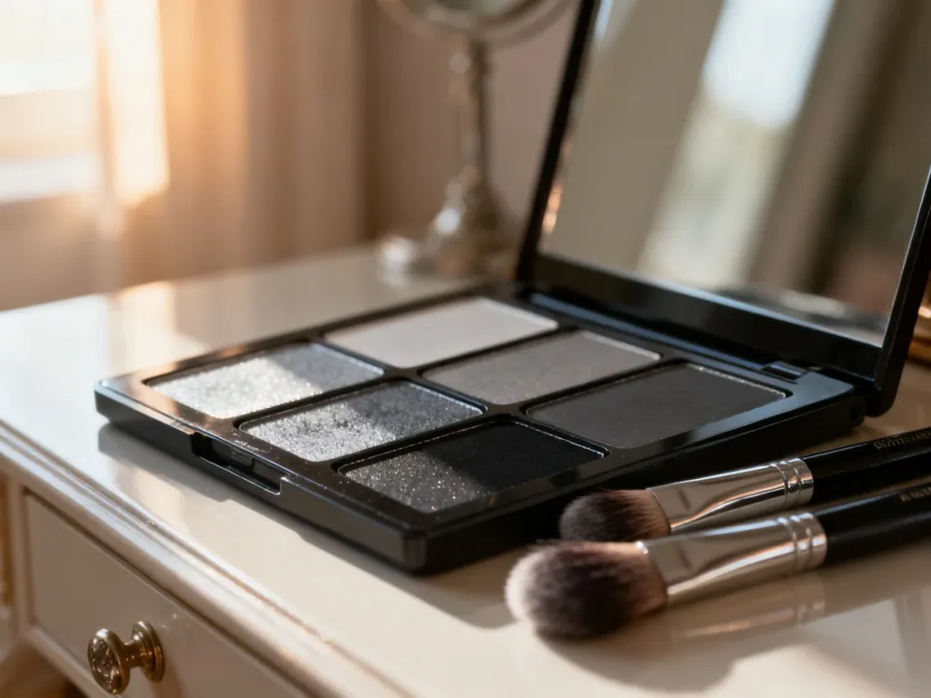 Paleta profesjonalnych cieni do powiek w odcieniach szarości i czerni wraz z pędzlami do makijażu smokey eye.