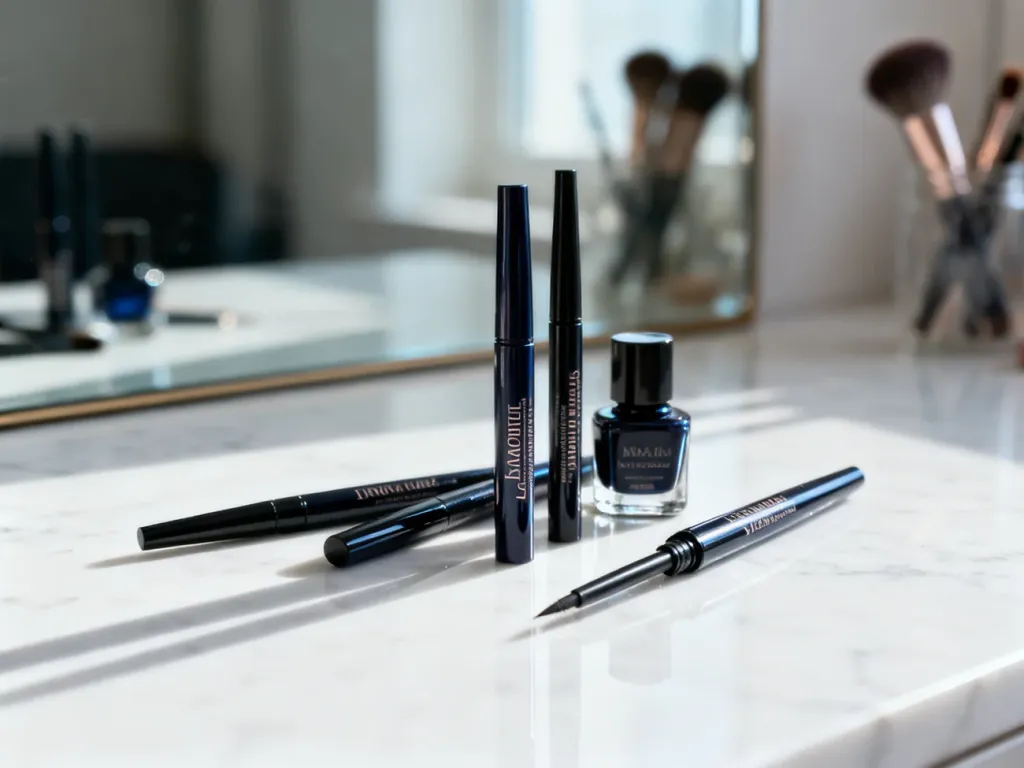 Profesjonalne eyelinery w płynie i pisaku ułożone na marmurowym blacie w salonie makijażu.