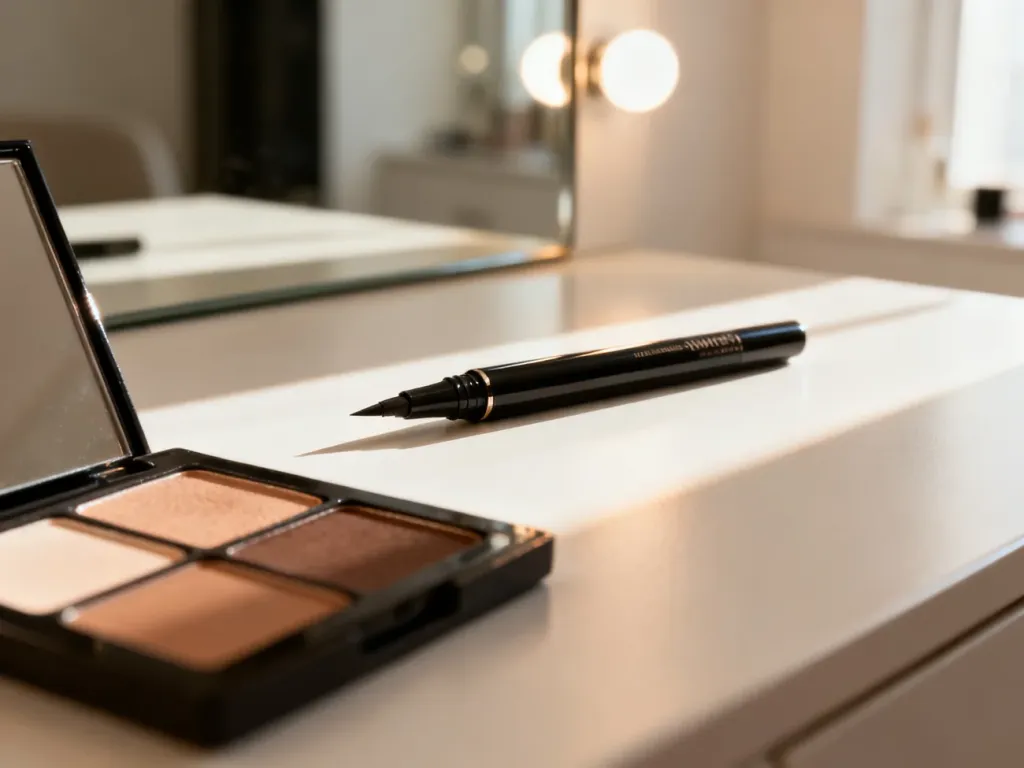 Elegancki eyeliner w płynie i paleta cieni w naturalnych odcieniach na minimalistycznej toaletce.