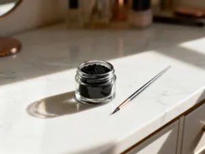Otwarte opakowanie pudru brązującego z pędzlem na marmurowym blacie w promieniach słońca. Elegancka prezentacja kosmetyku.