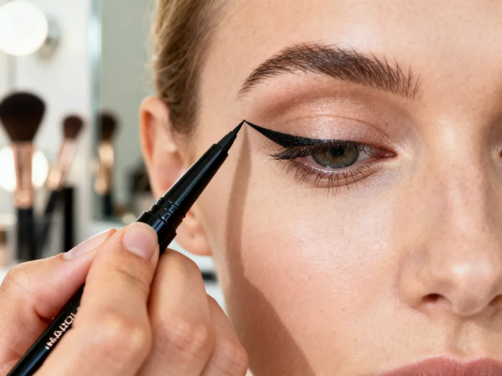 Profesjonalna wizażystka rysuje precyzyjną, idealną kreskę eyelinerem na powiece modelki.