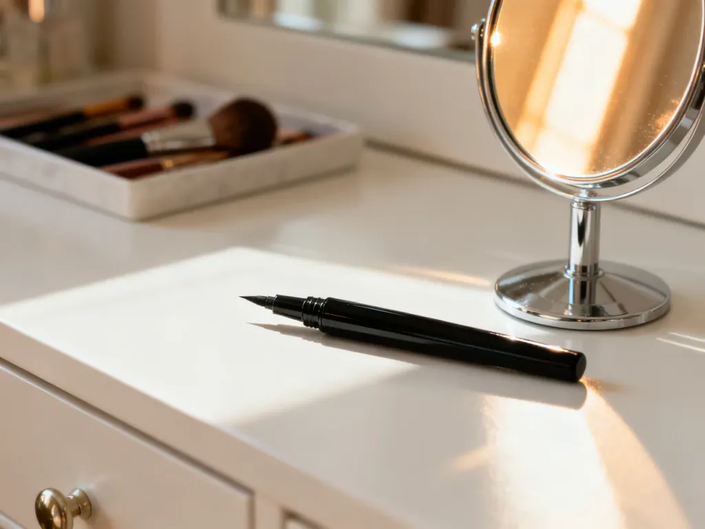 Czarny eyeliner w pisaku leżący na białej toaletce obok lusterka, przygotowany do wykonania makijażu oczu.