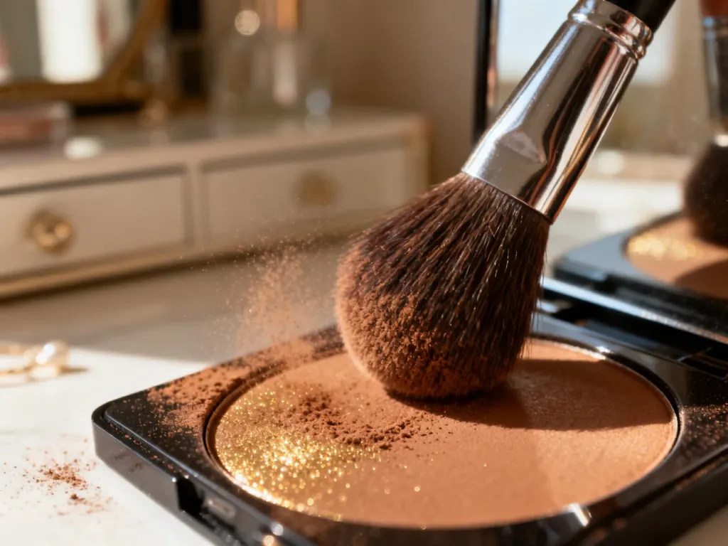 Pędzel kosmetyczny nabierający bronzer z palety, ukazujący teksturę produktu w ciepłym, porannym świetle.