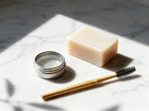 Pędzel do makijażu dotykający palety cieni w neutralnych odcieniach, podkreślający elegancję i naturalność.