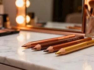 Elegancki eyeliner w płynie i paleta cieni w naturalnych odcieniach na minimalistycznej toaletce.