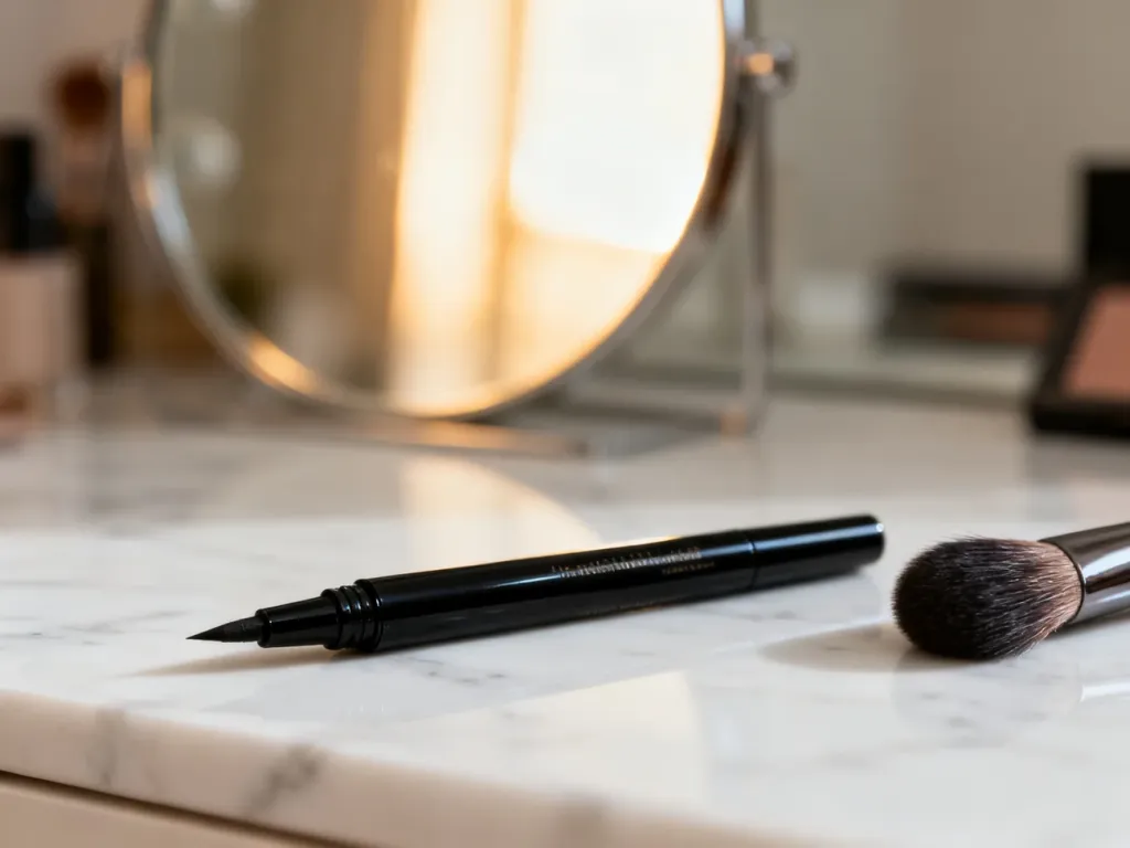 Elegancki czarny eyeliner i pędzel do makijażu na marmurowym blacie w profesjonalnym studiu wizażu.