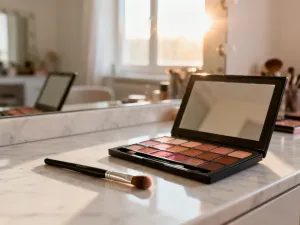 Paleta profesjonalnych pudrów do konturowania i pędzel na jasnym tle, ilustrujące techniki modelowania twarzy.