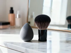 Otwarte opakowanie pudru sypkiego z puszystym pędzlem na marmurowym blacie, podkreślające elegancję kosmetyku.