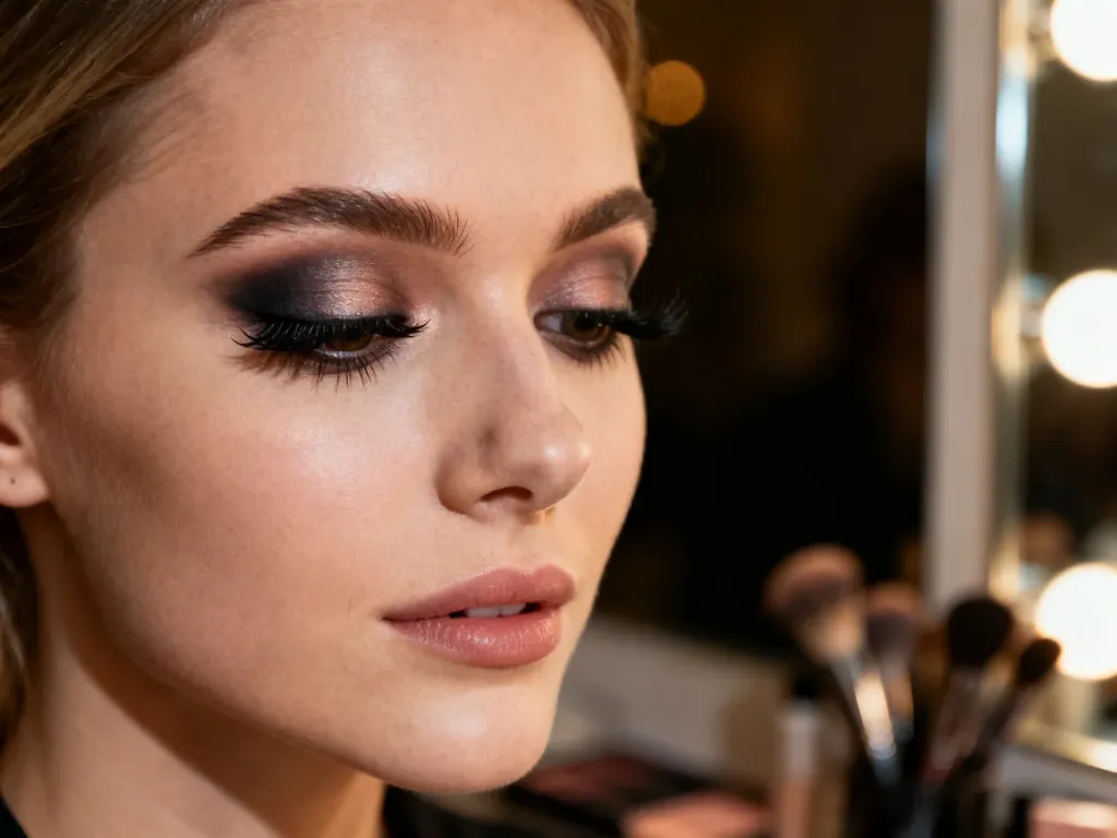 Zbliżenie na profesjonalnie wykonany makijaż typu smoky eyes z idealnie roztartymi cieniami i długimi rzęsami.