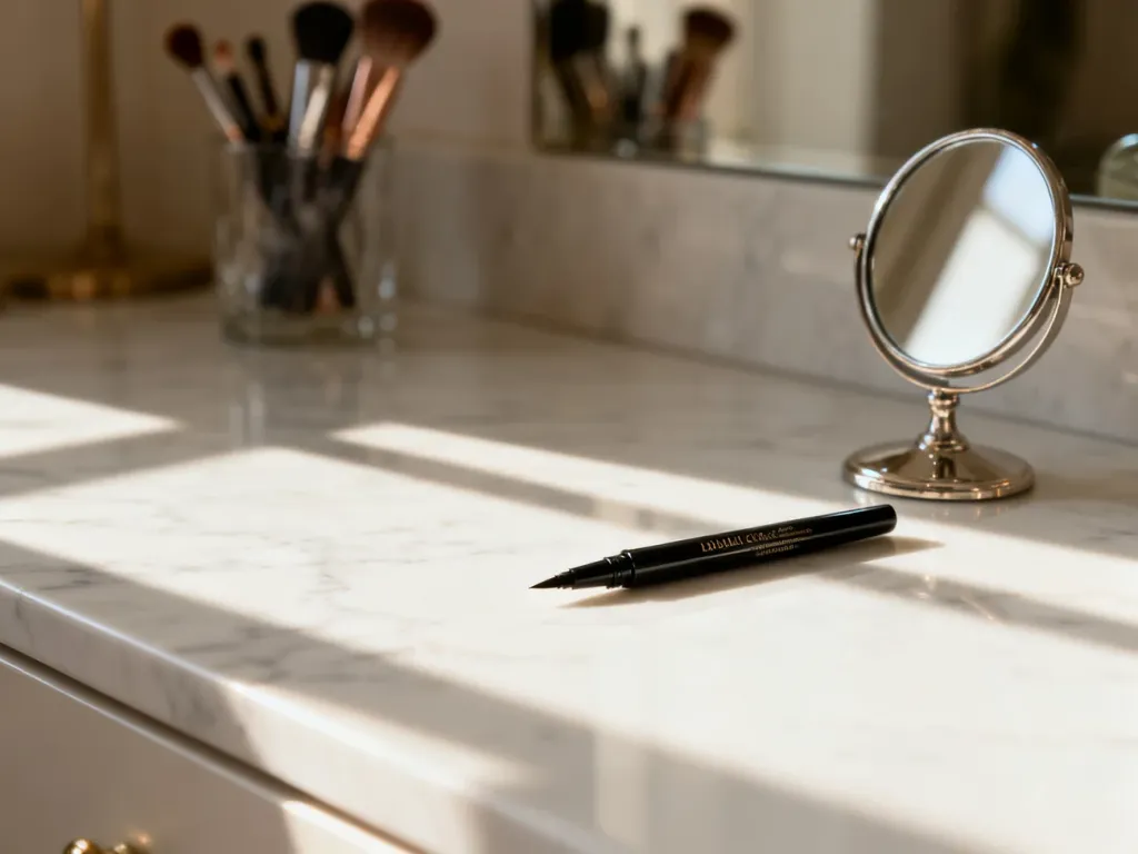 Profesjonalny eyeliner w płynie leżący na marmurowym blacie obok lusterka, gotowy do wykonania makijażu oka.