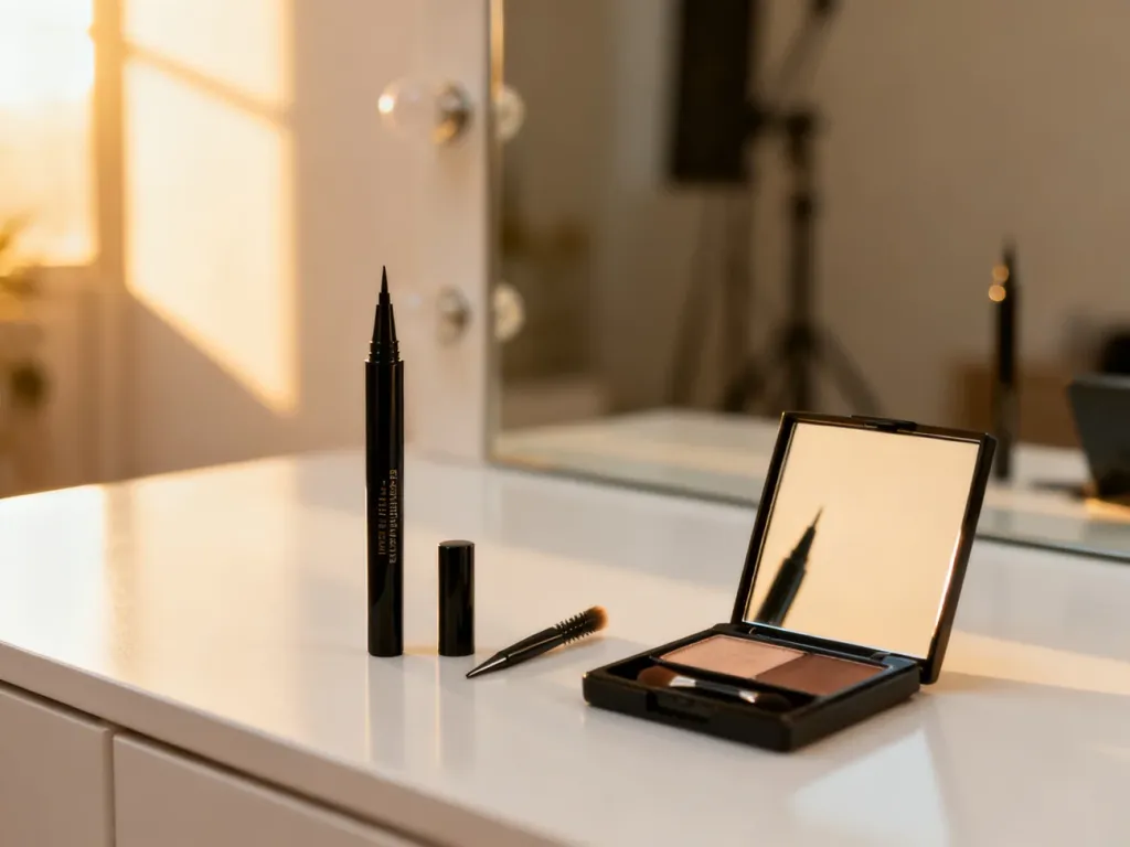 Zestaw profesjonalnych kosmetyków do makijażu oczu, w tym eyeliner i pędzelek, przygotowany na białej toaletce.