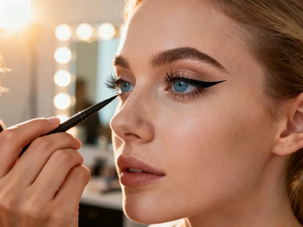 Profesjonalna wizażystka rysuje precyzyjną czarną kreskę eyelinerem na powiece niebieskookiej kobiety.