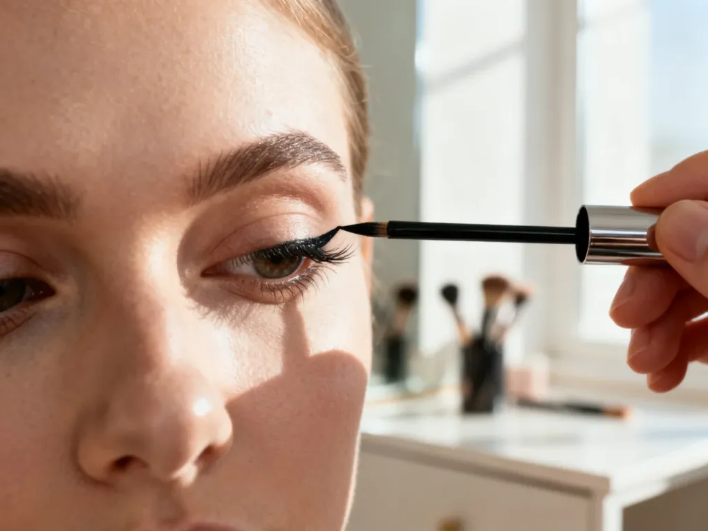 Profesjonalny pędzelek nakładający czarny eyeliner na powiekę typu hooded, ilustrujący technikę makijażu krok po kroku.