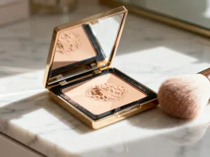 Elegancki eyeliner w płynie i paleta cieni w naturalnych odcieniach na minimalistycznej toaletce.