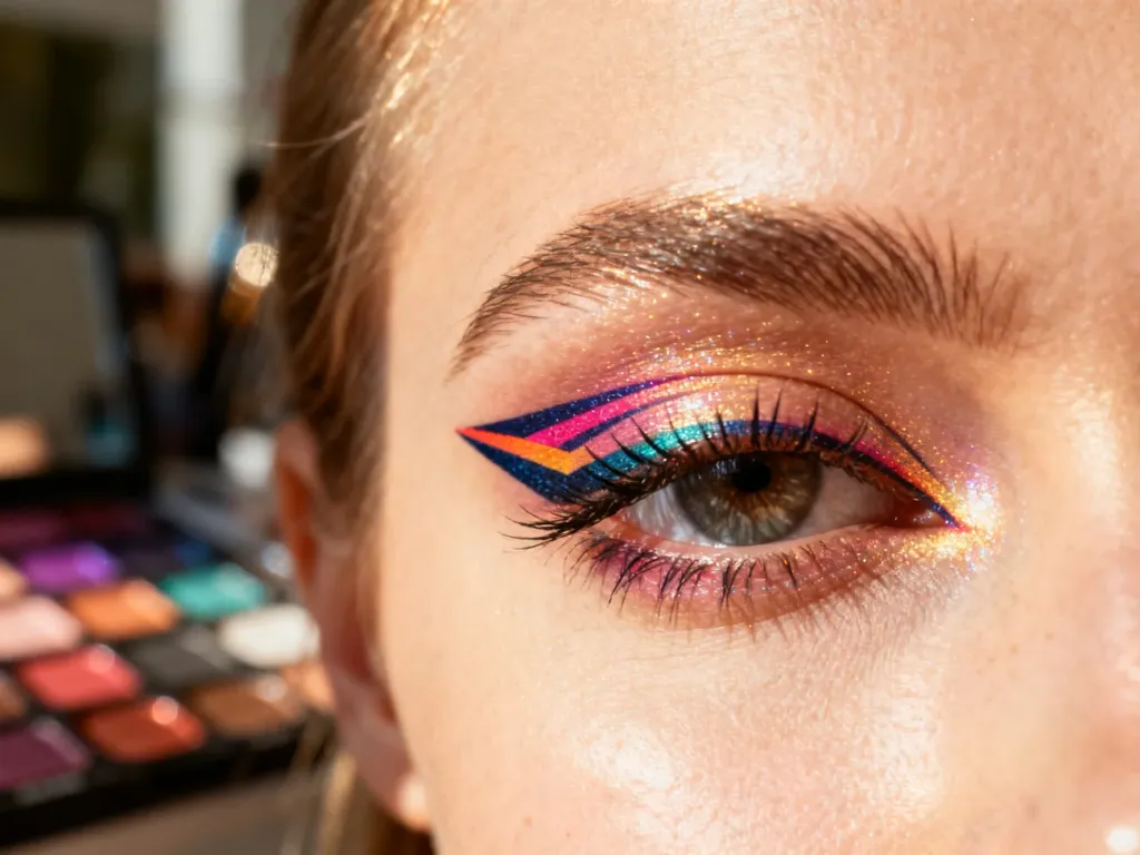 Artystyczny makijaż oka z kolorowymi, geometrycznymi kreskami wykonanymi eyelinerem w profesjonalnym studiu.