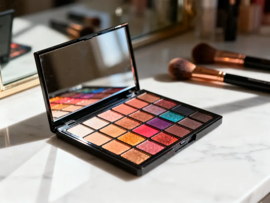 Otwarta paleta cieni NYX Ultimate z intensywnymi kolorami na marmurowym blacie w otoczeniu pędzli do makijażu.