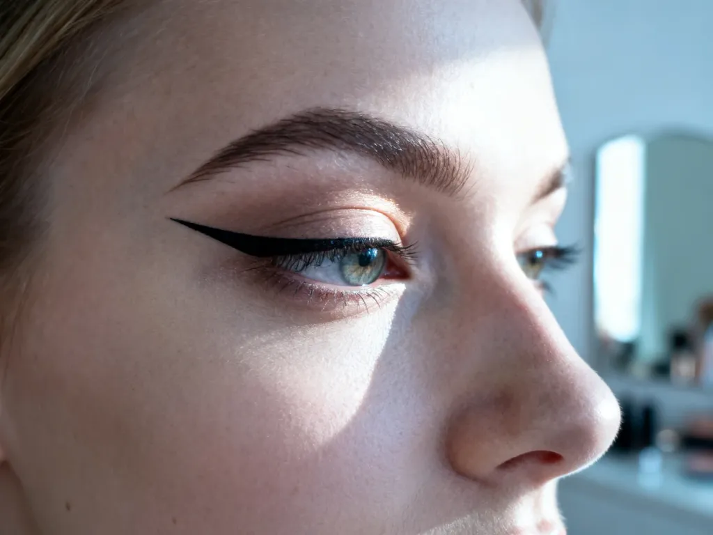 Precyzyjna, czarna kreska typu graphic eyeliner wykonana na opadającej powiece w minimalistycznym stylu.