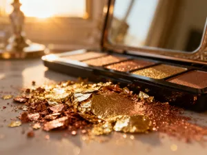 Sypki puder transparentny wysypany na biały jedwab, podkreślający czystość i elegancję produktu kosmetycznego.