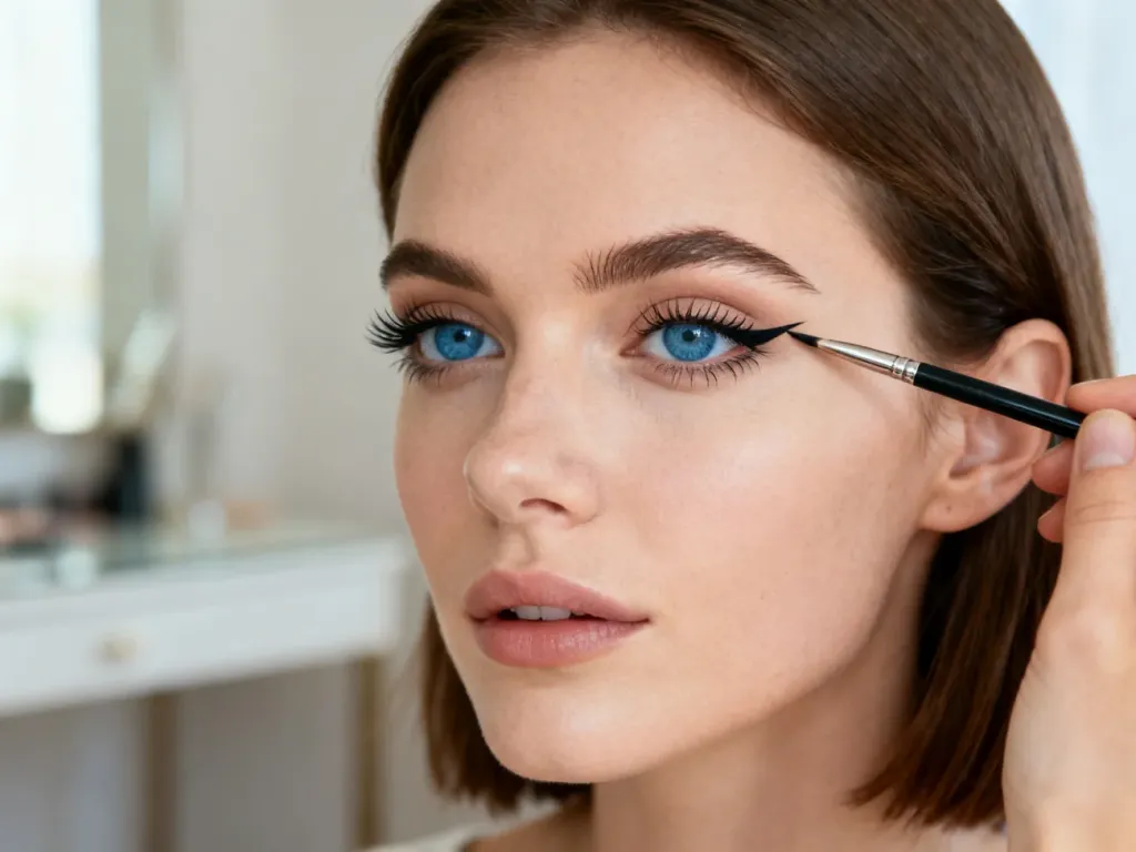 Kobieta o niebieskich oczach precyzyjnie maluje kreskę typu cat eye za pomocą pędzelka.