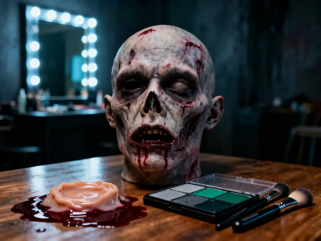 Profesjonalny zestaw do charakteryzacji zombie: lateks, sztuczna krew, farby oraz pędzle na drewnianym stole.