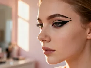 Elegancki słoiczek czarnego eyelinera w żelu z pędzelkiem na tle rozmytej toaletki w promieniach porannego słońca.