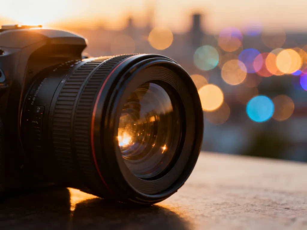 Profesjonalny obiektyw aparatu z artystycznym efektem bokeh w tle, ilustrujący technikę rozmycia obrazu.