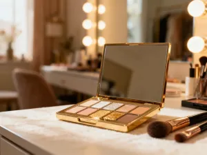 Paleta cieni do powiek w odcieniach czerni i szarości oraz pędzle do makijażu przygotowane do wykonania smoky eyes.