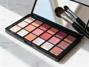 Otwarta paleta cieni do powiek w neutralnych i pastelowych odcieniach oraz profesjonalne pędzle na marmurowym blacie.