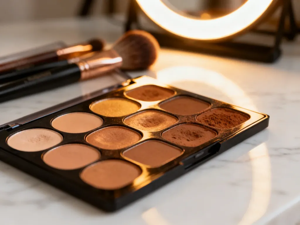 Profesjonalna paleta pudrów do konturowania i bronzerów na marmurowym blacie, gotowa do modelowania rysów twarzy.