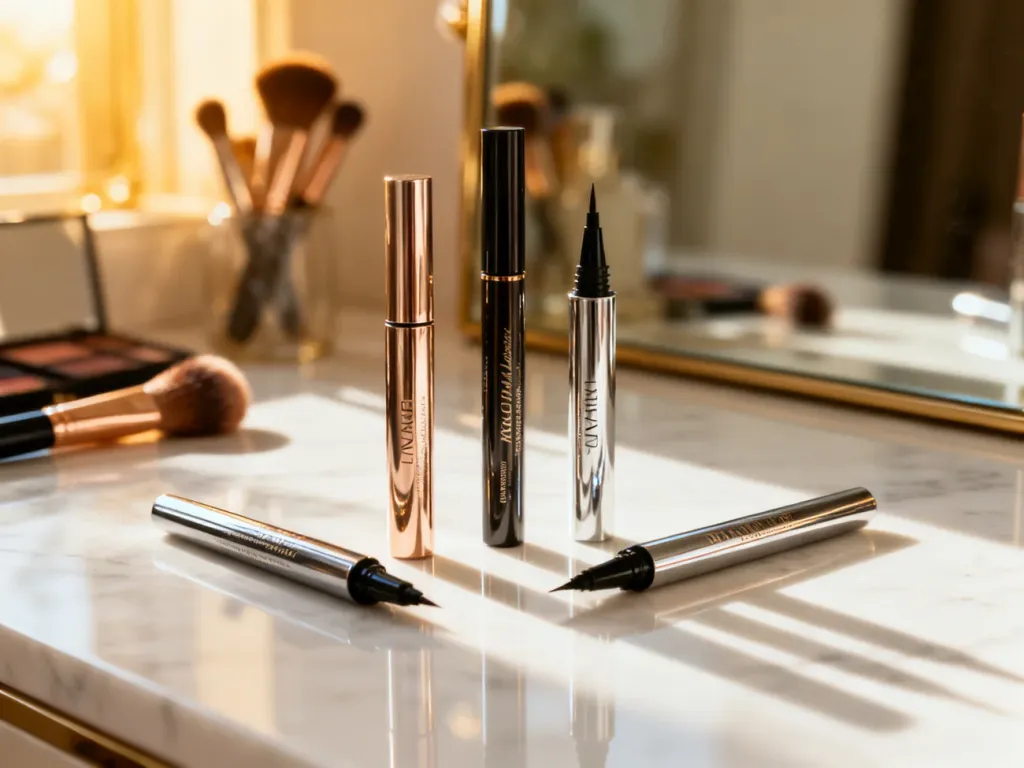 Eleganckie eyelinery w płynie ułożone na marmurowym blacie w otoczeniu pędzli do makijażu.