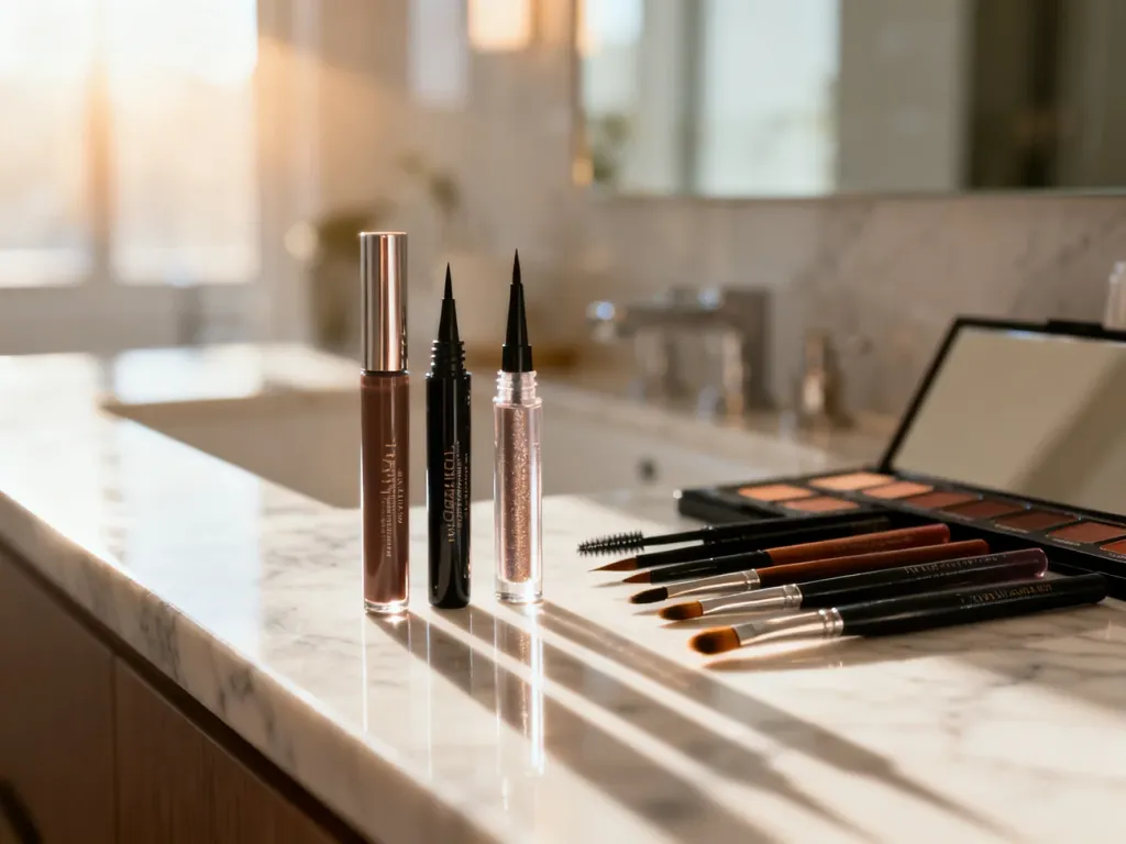 Profesjonalna paleta z eyelinerami i pędzelkami na marmurowym blacie, gotowa do wykonania modnego makijażu oczu.