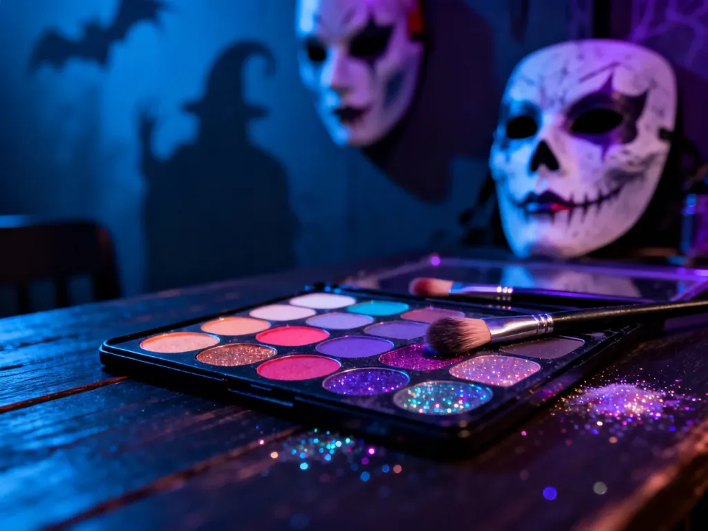 Paleta profesjonalnych farb do twarzy, brokatu i pędzli w mrocznym, halloweenowym klimacie.