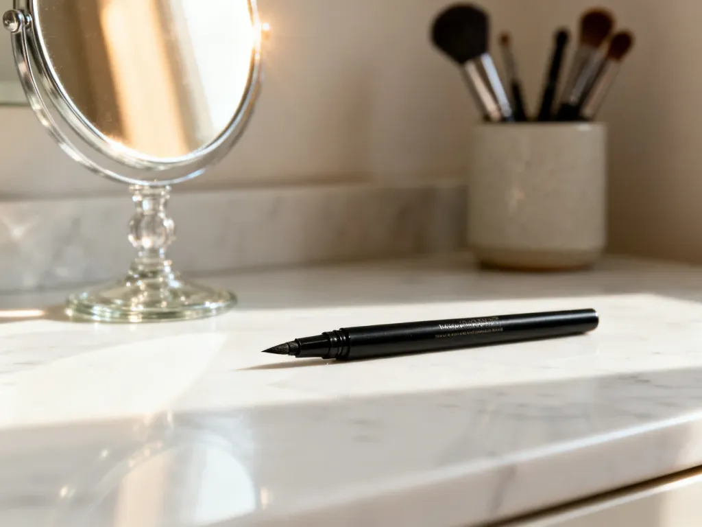 Czarny eyeliner w pisaku leżący na marmurowym blacie obok lusterka, przygotowany do wykonania makijażu kreski na powiece.
