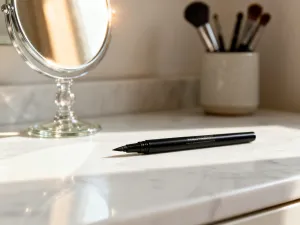 Różne odcienie pudrowych róży Bourjois w eleganckich opakowaniach ułożone obok pędzla do makijażu na marmurowym blacie.