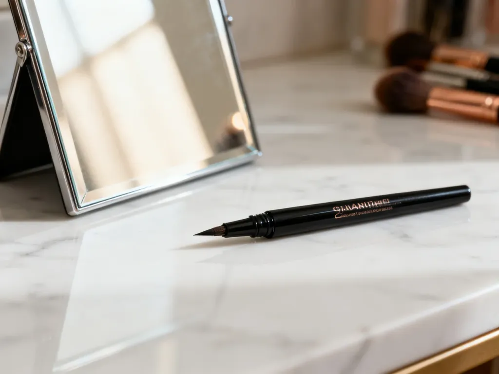 Profesjonalny eyeliner w płynie na marmurowym blacie, gotowy do wykonania precyzyjnej kreski na powiece.