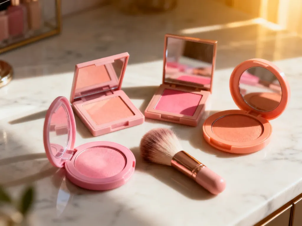 Różne odcienie pudrowych róży Bourjois w eleganckich opakowaniach ułożone obok pędzla do makijażu na marmurowym blacie.