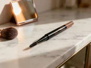 Czarny eyeliner w pisaku leżący na białej toaletce obok lusterka, przygotowany do wykonania makijażu oczu.
