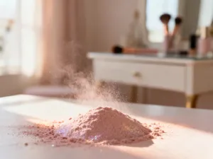 Makijaż oka w odcieniach miedzi, śliwki i złota, podkreślający zieloną tęczówkę oraz naturalną strukturę skóry.