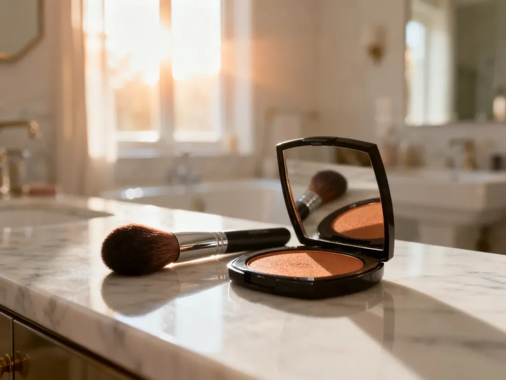 Pędzel do makijażu i otwarty bronzer na marmurowym blacie, przygotowane do aplikacji kosmetyku na twarz.