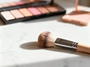 Otwarta paleta kolorowych cieni do powiek oraz zestaw pędzli do makijażu na marmurowym blacie.