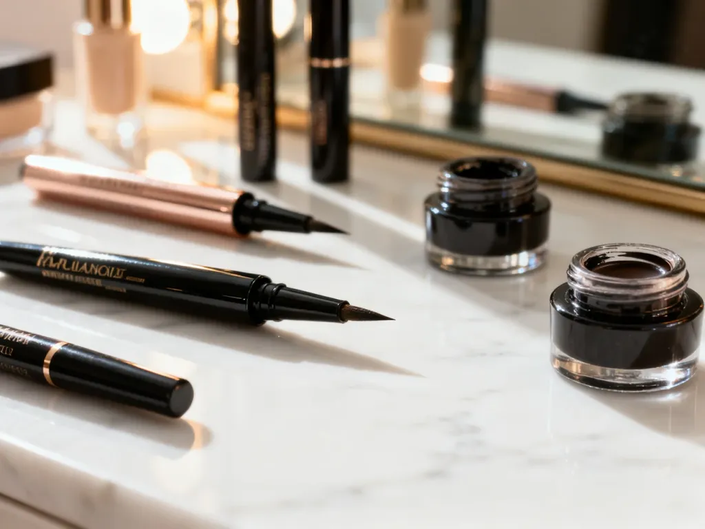 Profesjonalne eyelinery w płynie i pisakach ułożone na marmurowym blacie w luksusowej scenerii.