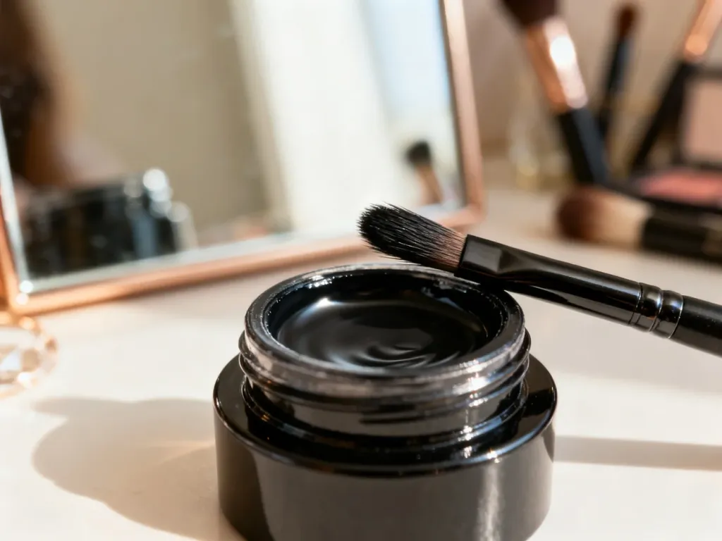 Słoiczek czarnego eyelinera w żelu z pędzelkiem, ukazujący kremową konsystencję produktu w zbliżeniu.