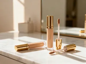 Eleganckie eyelinery w płynie ułożone na marmurowym blacie w otoczeniu pędzli do makijażu.