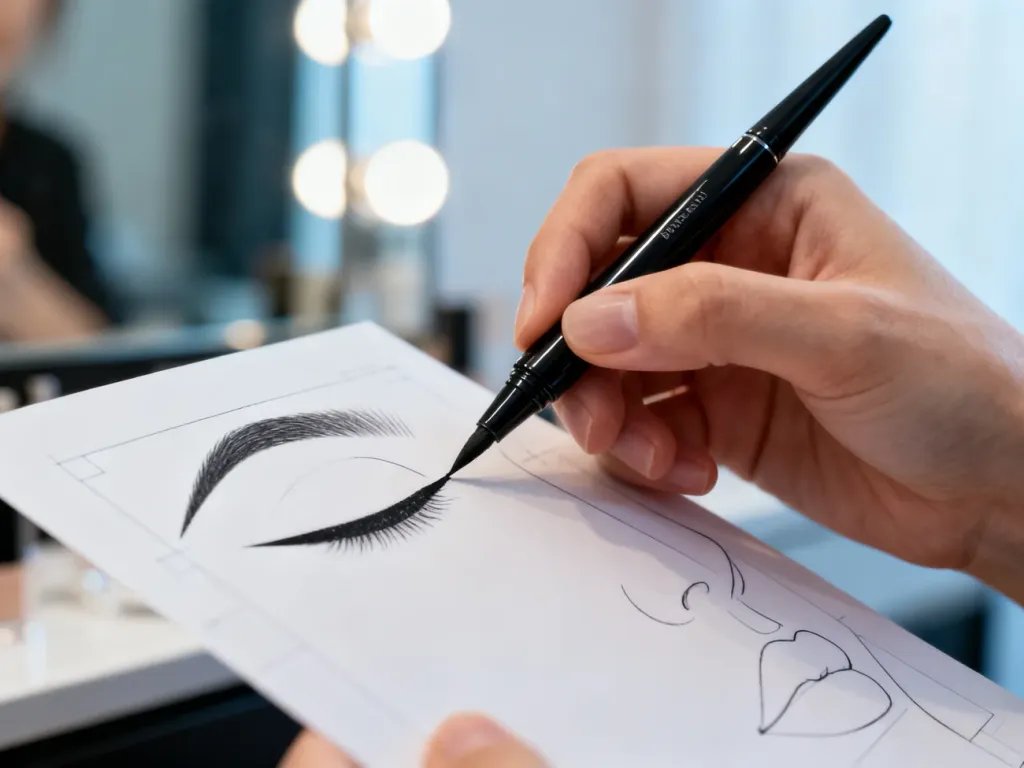 Dłoń makijażystki precyzyjnie rysująca idealną kreskę eyelinerem na szablonie.